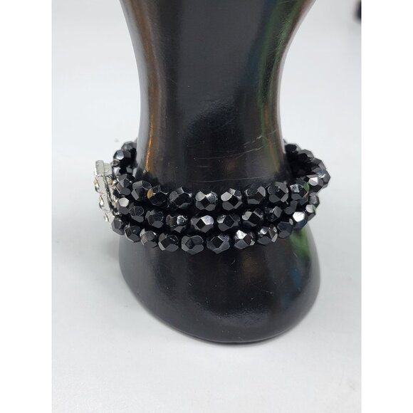 Fauceted Jet Bead Multistrand Bracelet Rhinestone Clasp Vintage 1930s Size 7.5 - Picture 6 of 11